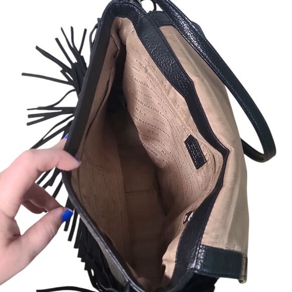 Lauren Ralph Lauren Pebble Leather Saddle Fringe Crossbody Bag Black GUC Flap - Picture 8 of 9